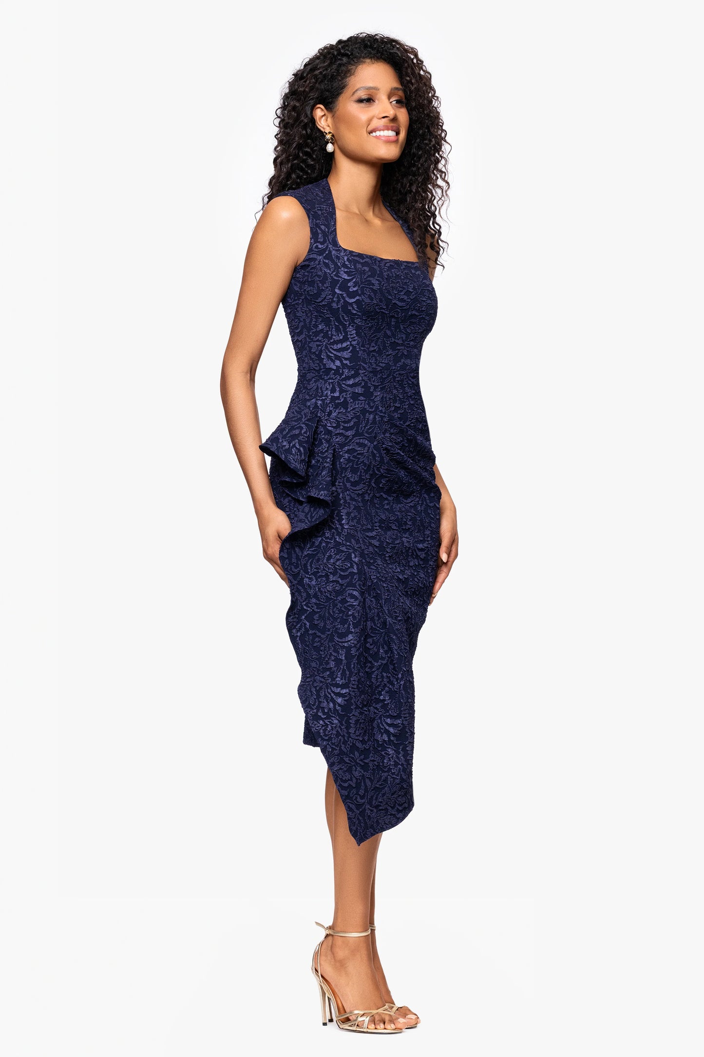 "Elise" Jacquard Knee Length Ruffle Square Neck Dress