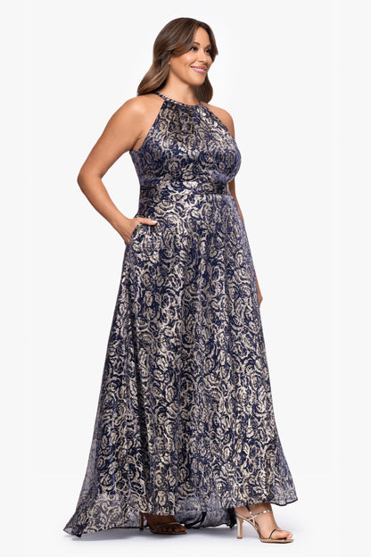 Plus "Shelley" Metallic Foil Halter Neck Floor Length Dress