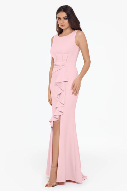 "Christine" Scuba Crepe Ruffled Bow Gown
