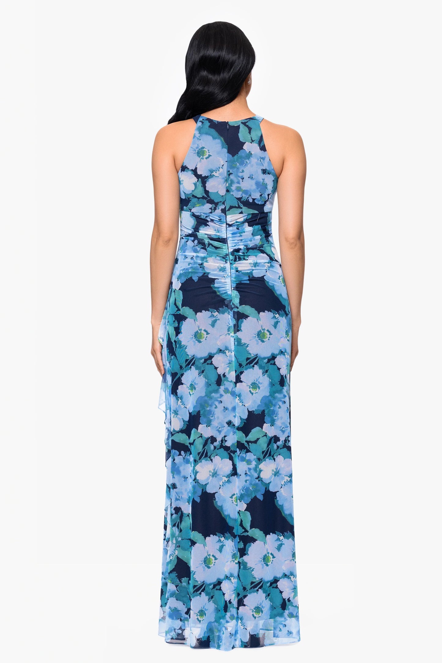 "Agatha" Floral Print Mesh Ruffle Floor Length Dress