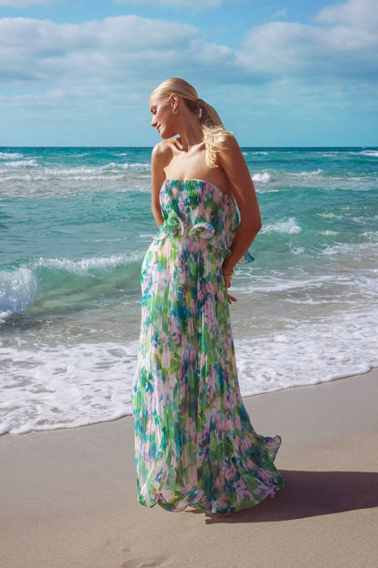 "Enid" Strapless Print Chiffon Pleated Floor Length Dress