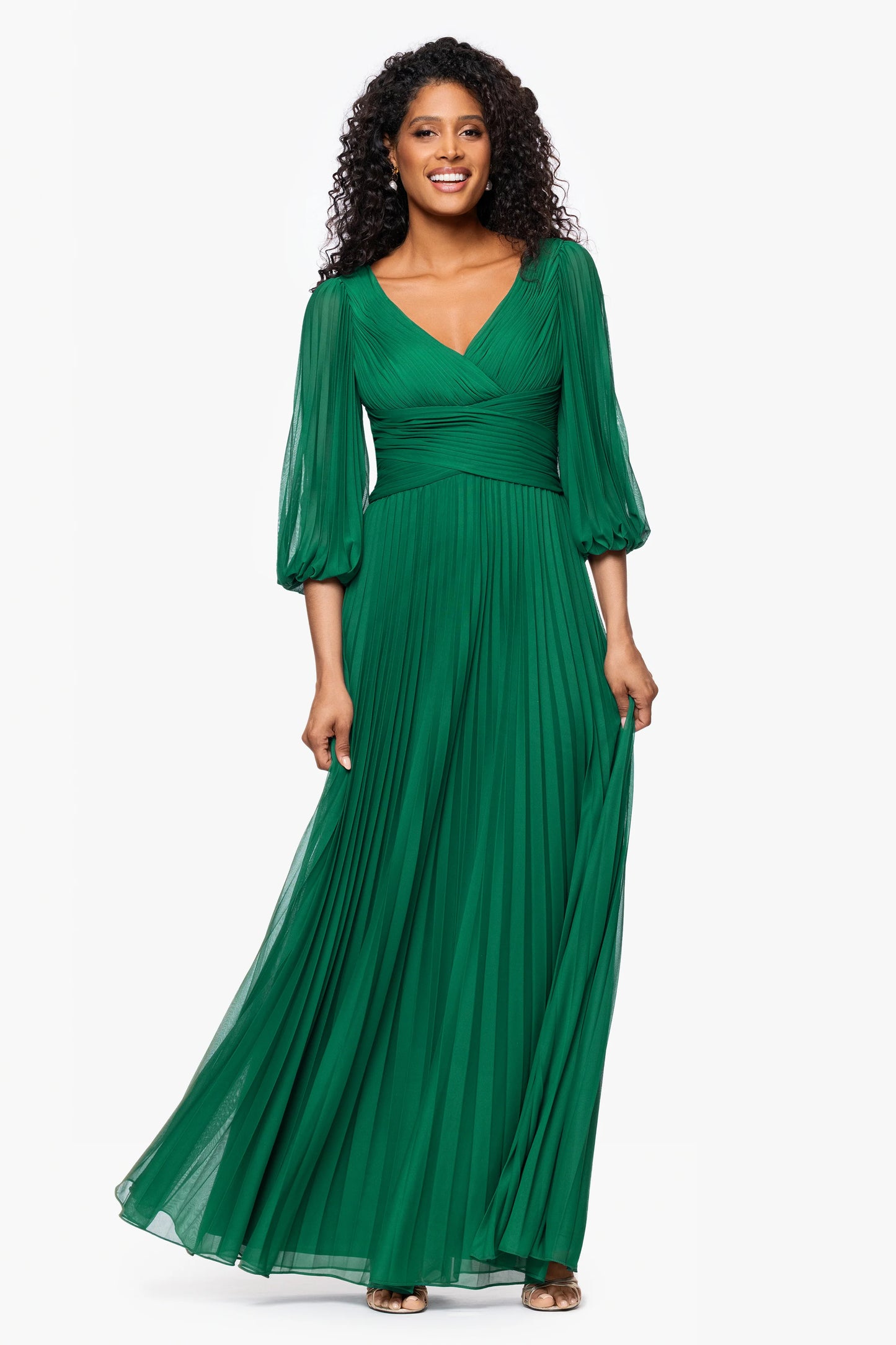 "Saraya" Sheer Matter Jersey 3/4 Sleeve V-Neck Floor Length Dress