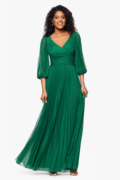 "Saraya" Sheer Matter Jersey 3/4 Sleeve V-Neck Floor Length Dress