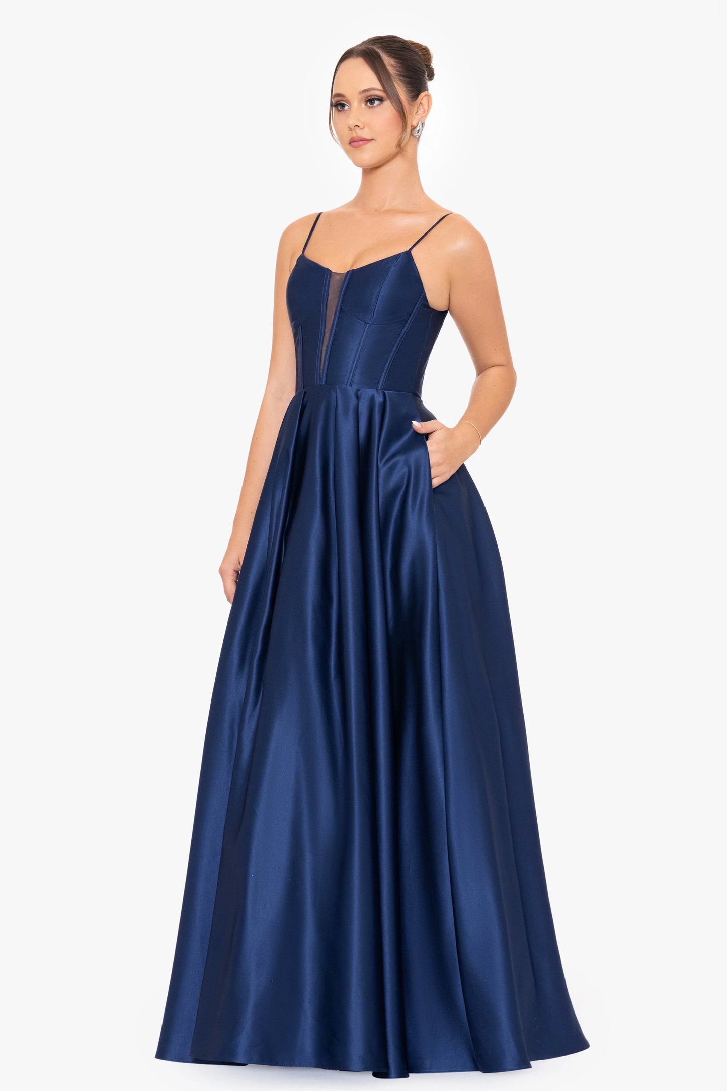 Blondie Nites "Carol" Long Satin Mesh Insert Ballgown