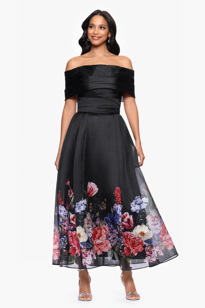 "Tabitha" Organza Print Off the Shoulder Midi Dress