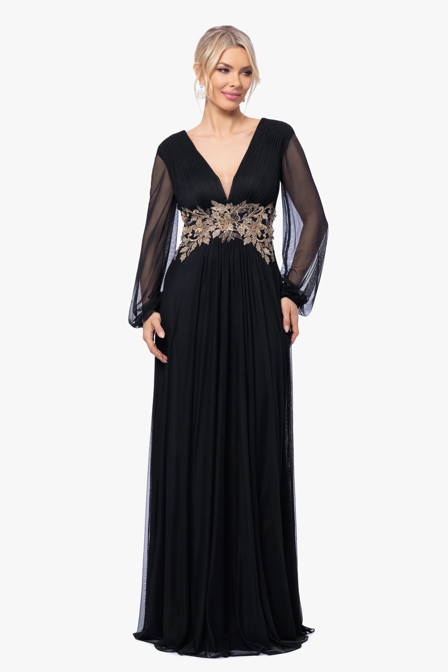 "Rebecca" Long Sleeve Mesh Floor Length Gown