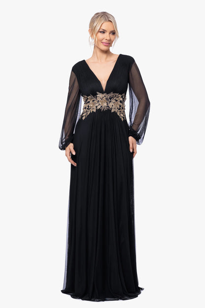 "Rebecca" Long Sleeve Mesh Floor Length Gown