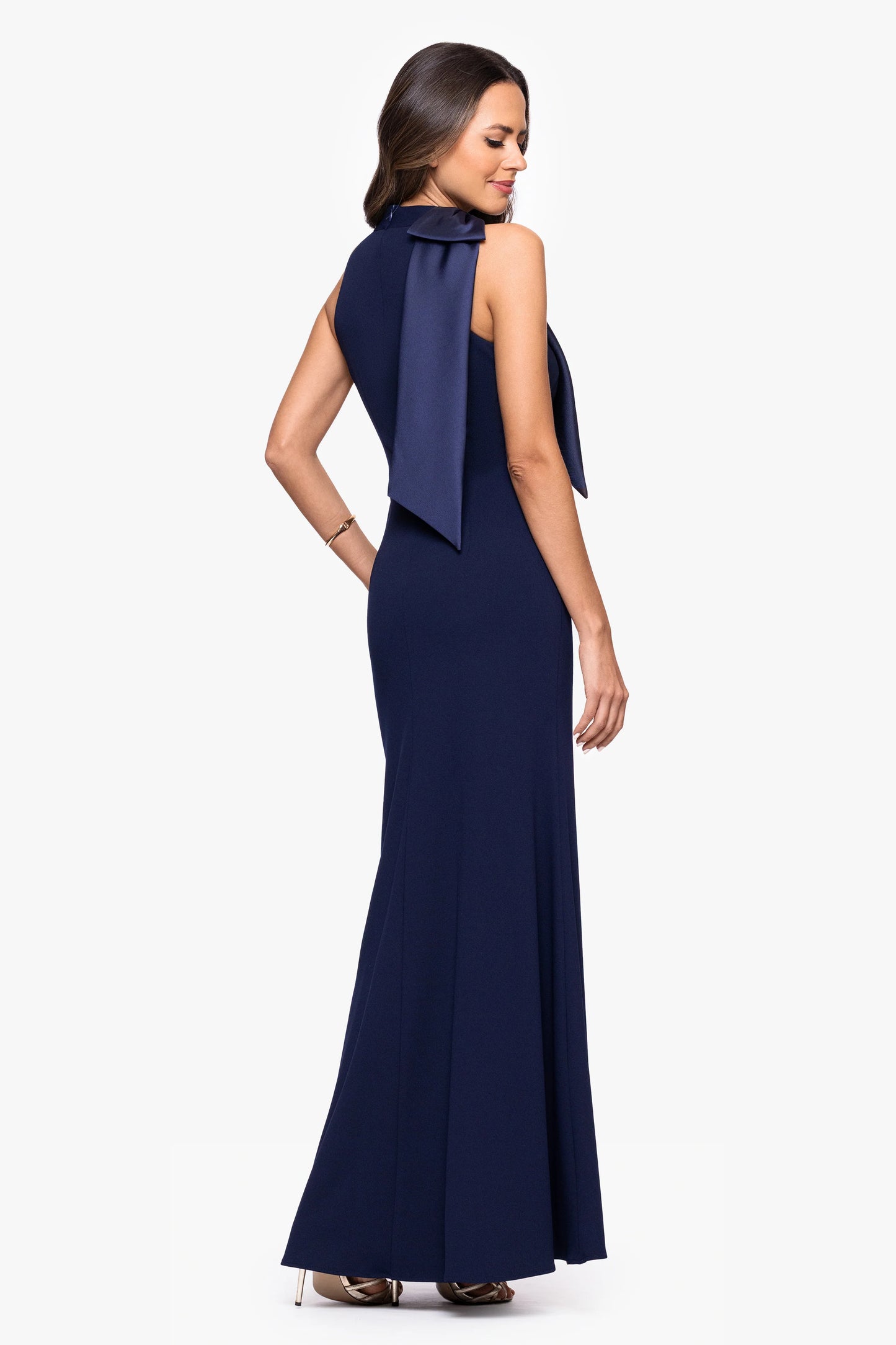 "Laney" Long Scuba Crepe Dress With Satin Bow