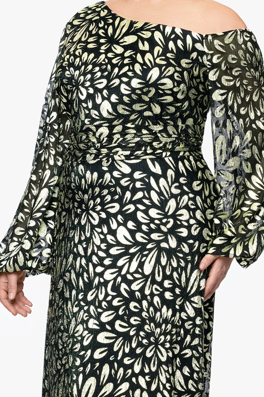 Plus "Malia" Metallic Off the Shoulder Long Sleeve Floor Length Dress