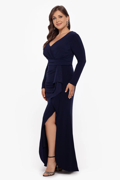 Plus "Elle" Long Sleeve Side Ruffled Slit Gown