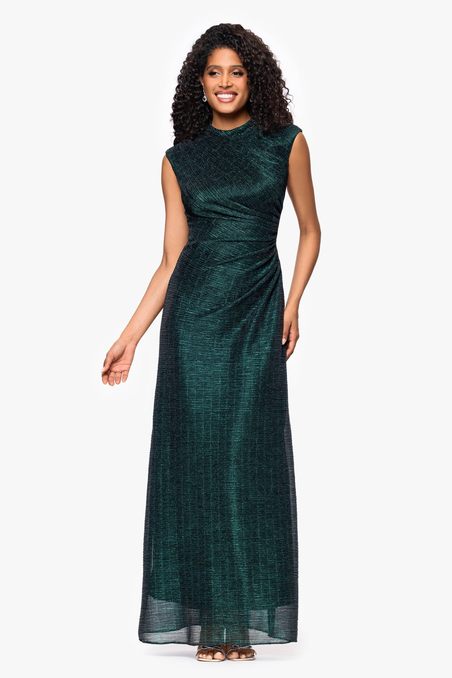 "Bethany" Crinkle Metallic Rouched Floor Length Dress