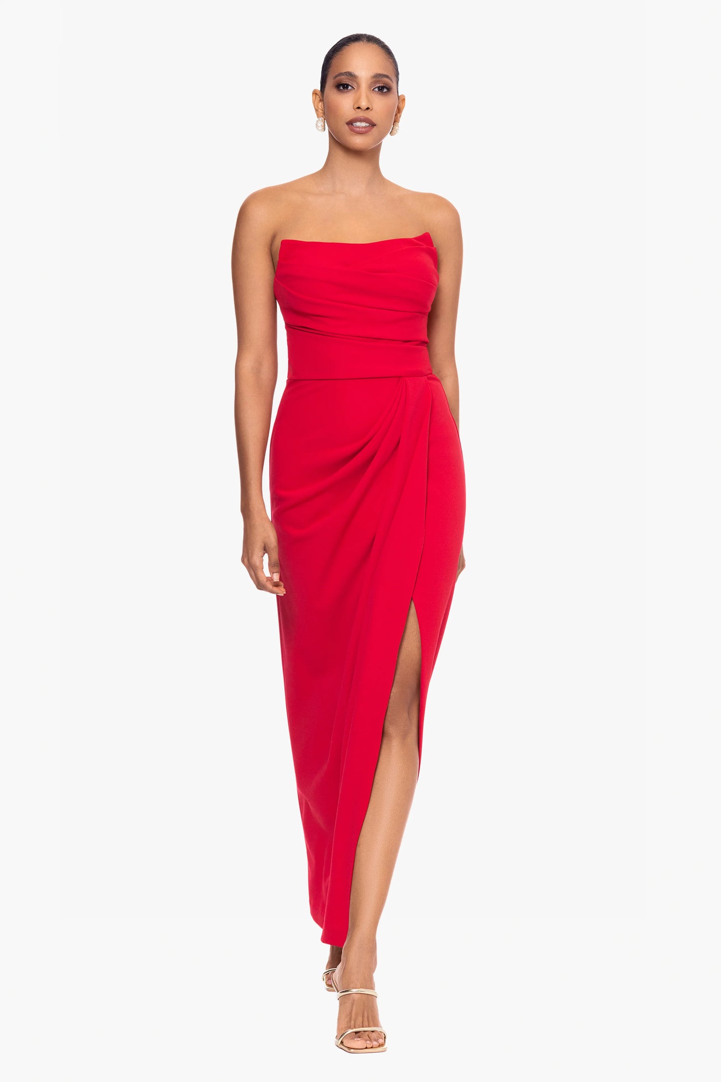 "Flora" Long Scuba Crepe Strapless Corset Top Rouched Dress