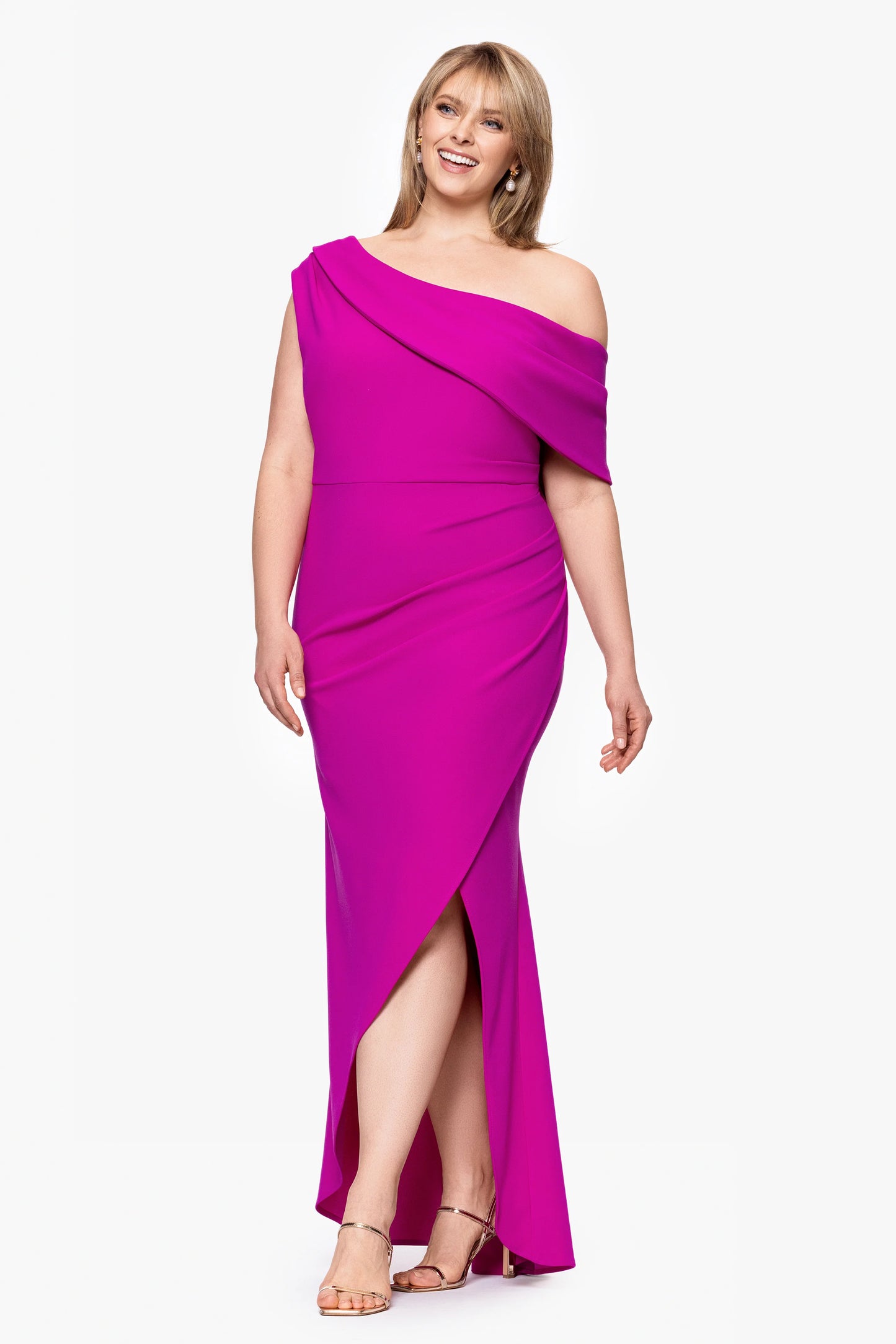 Plus "Avery" Scuba Crepe Drop Shoulder Floor Length Dress