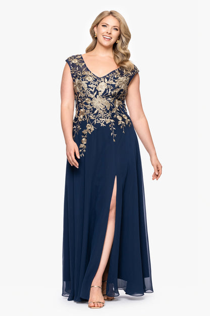 Plus "Maeve" Chiffon Embroidered Bodice Floor Length Dress