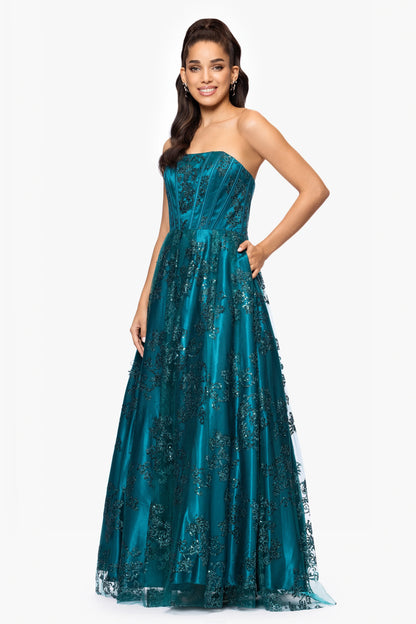 Blondie Nites "Tori" Strapless Glitter Mesh Corset Gown