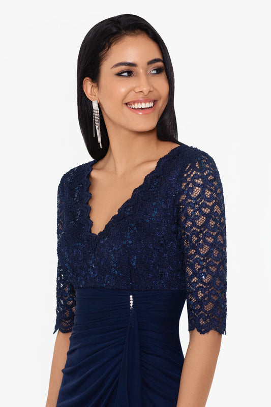 Petite "Johanna" 3/4 Sleeve Sheer Matte Jersey Long Dress