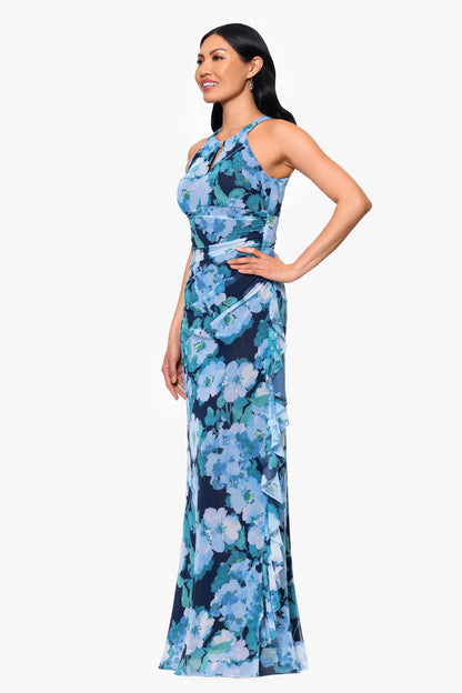 "Agatha" Floral Print Mesh Ruffle Floor Length Dress