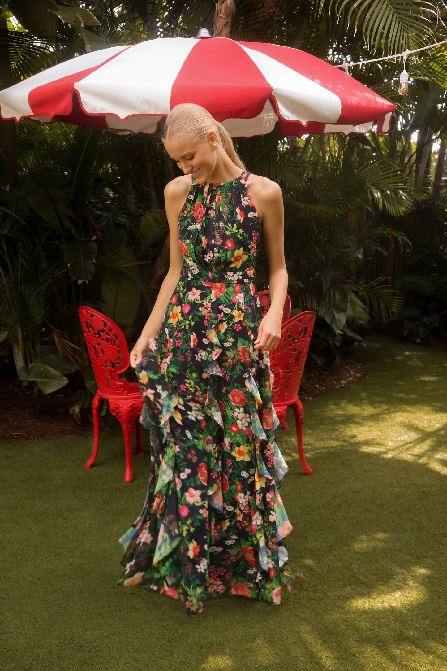 "Camille" Floral Print Chiffon Ruffle Floor Length Dress