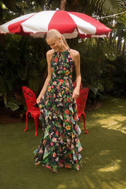 "Camille" Floral Print Chiffon Ruffle Floor Length Dress