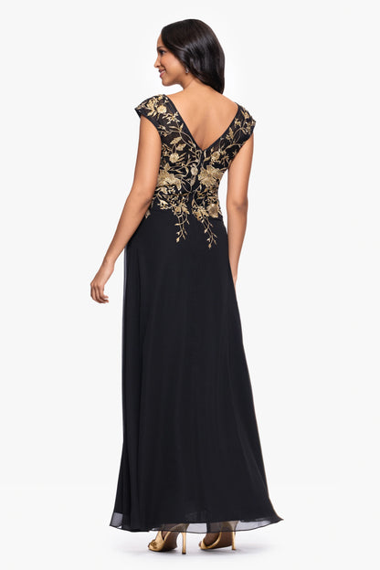 "Maeve" Chiffon Embroidered Bodice Floor Length Dress