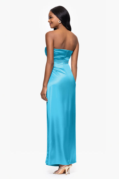 Blondie Nites "Molly" Satin Strapless Leg Slit Floor Length Dress
