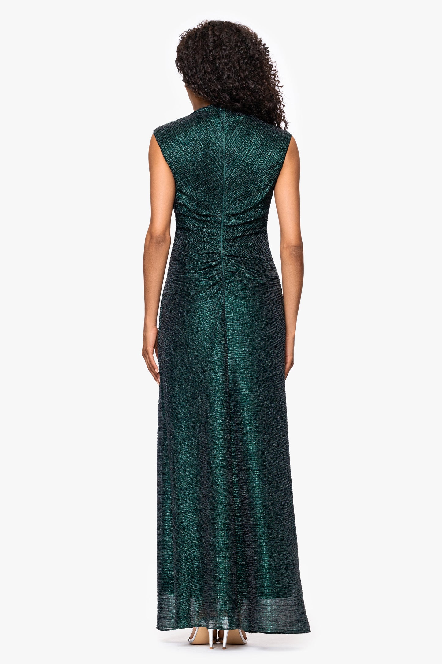 "Bethany" Crinkle Metallic Rouched Floor Length Dress