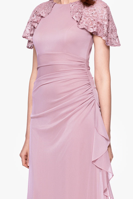 "Alexia" Sheer Matte Jersey With Lace Sleeves Floor Length Dress