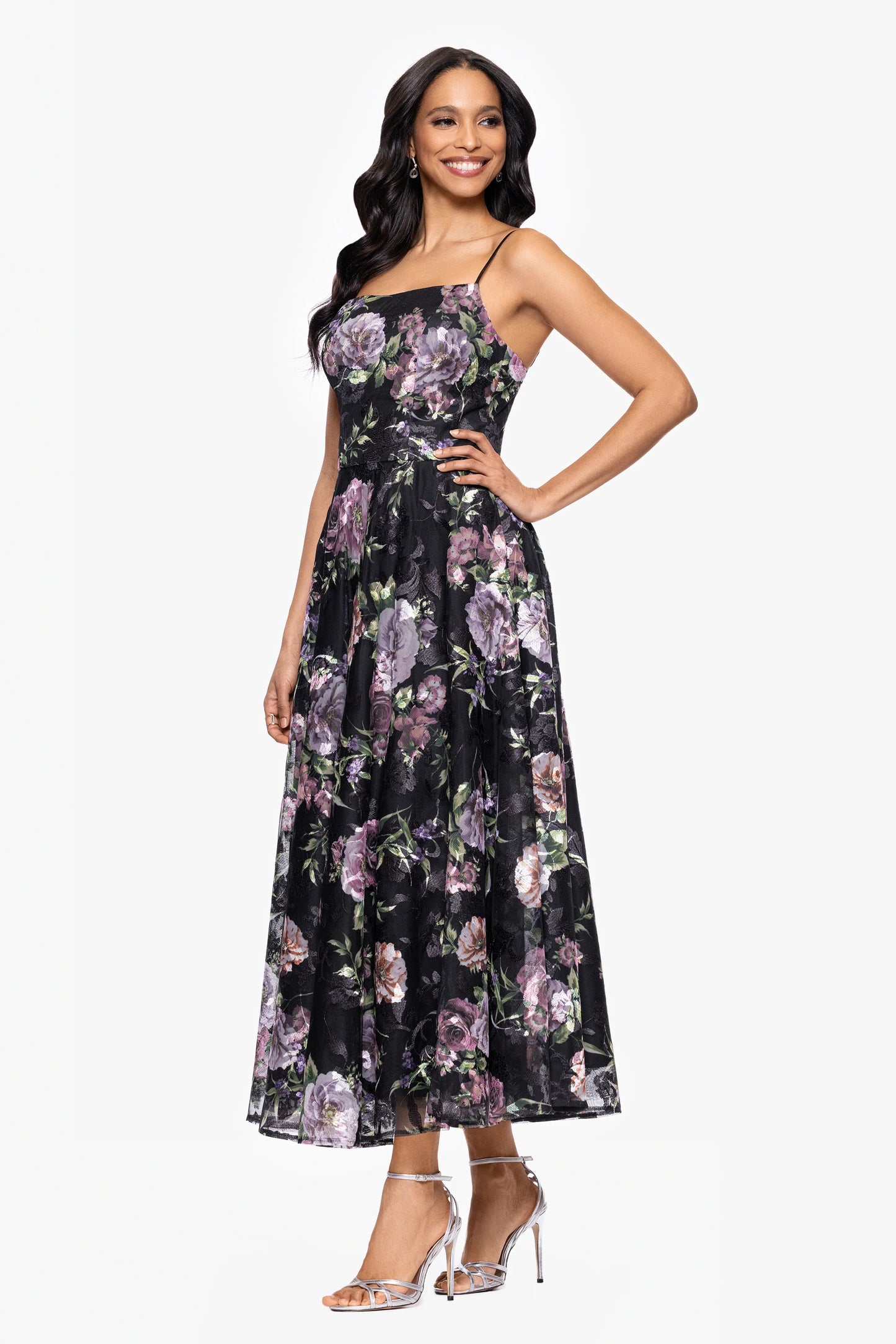 "Colleen" Print Mesh Spaghetti Strap Midi Dress
