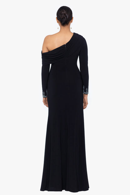 "Chrishell" Long Jersey Knit Off the Shoulder Overlay with Beaded Sleeves