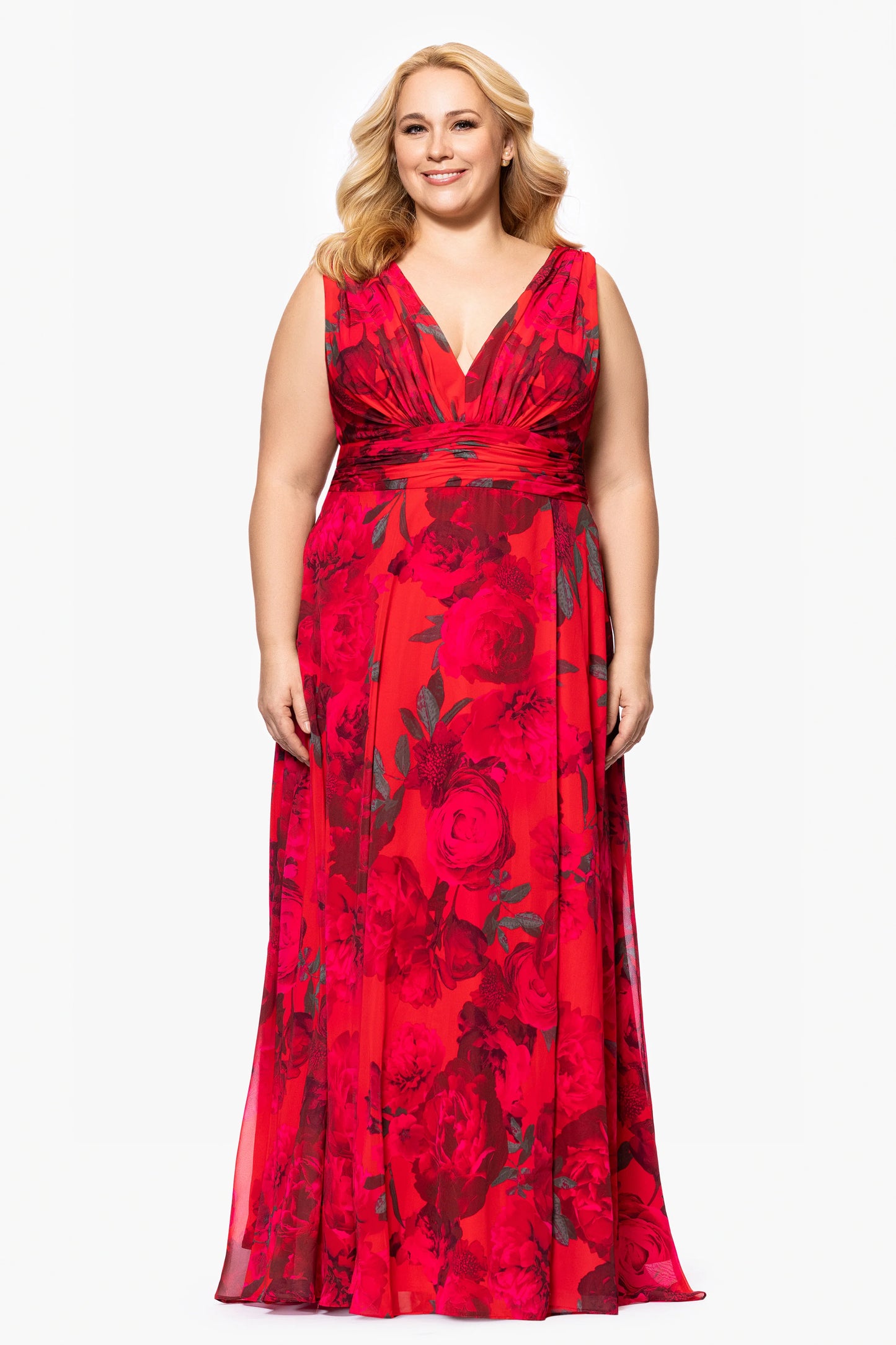 Plus "Jody" Print Chiffon V-Neck Floor Length Dress