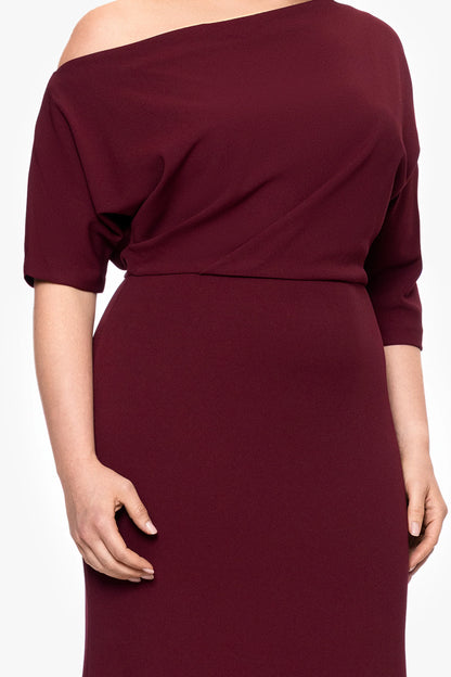 Plus "Madeline" Long Scuba Crepe Off the Shoulder Drop Dress
