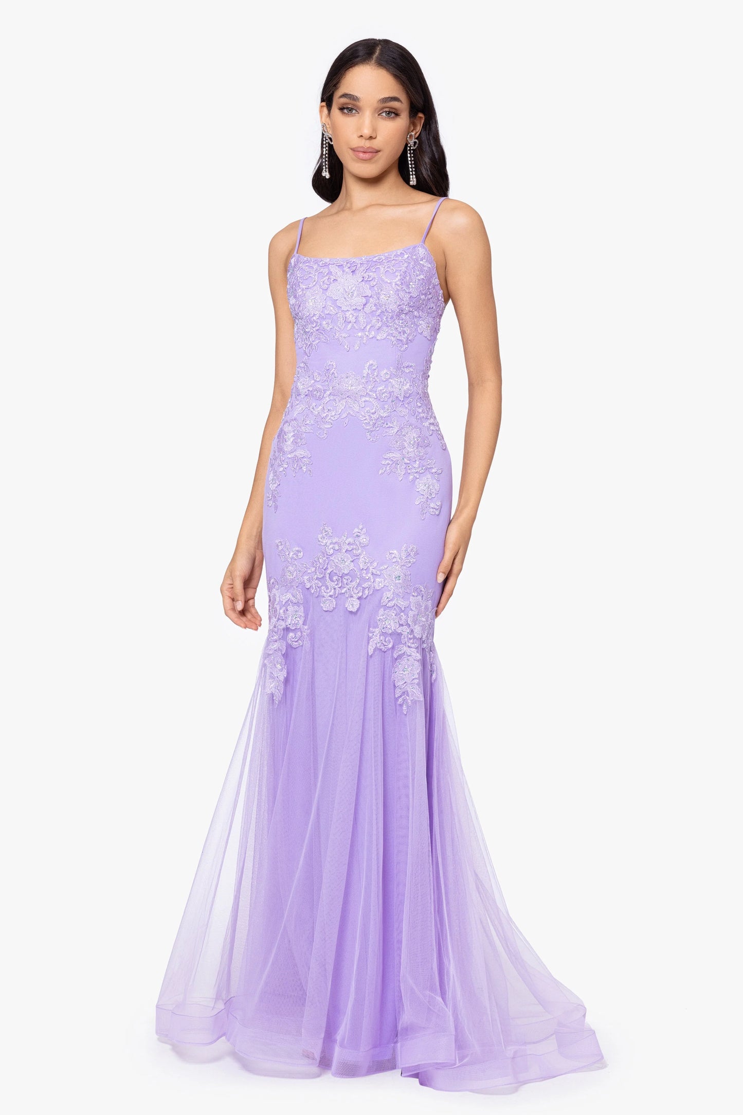 Blondie Nites "Faith" Long Slim Spaghetti Strap Mesh Applique Dress