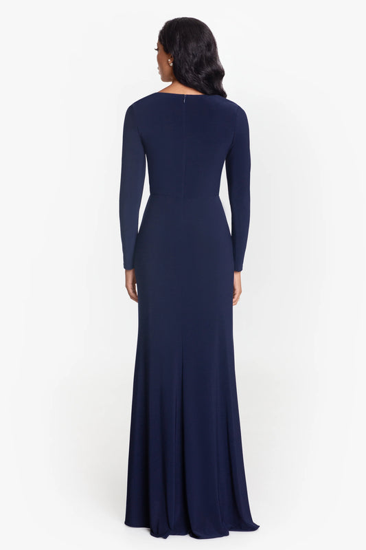 "Elle" Long Sleeve Side Ruffled Slit Gown