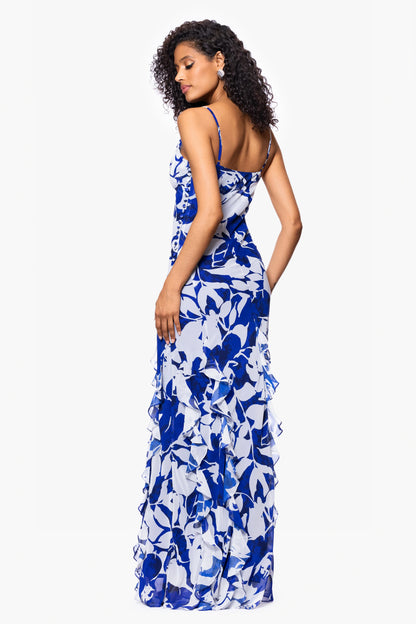 "Georgina" Print Chiffon Ruffle Floor Length Dress