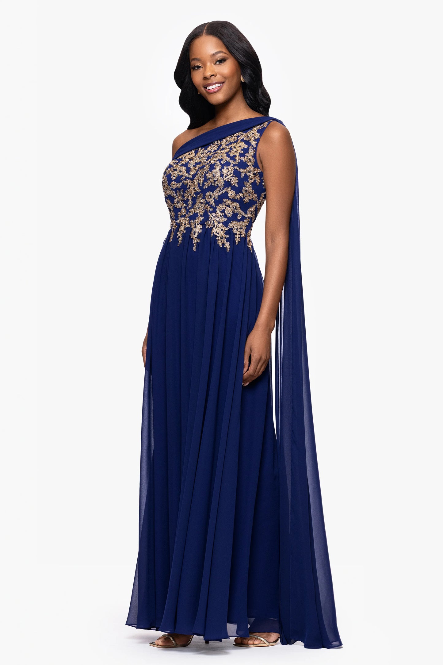 "Dove" Chiffon Drop Shoulder Applique Floor Length Dress