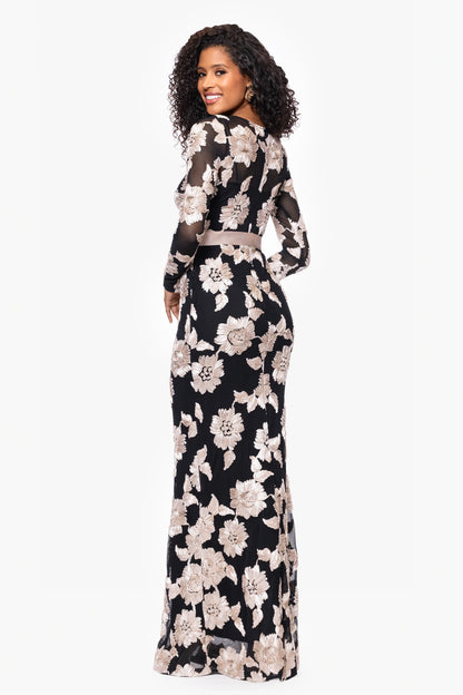 "Juliana" Soutache Mesh Long Sleeve Floor Length Dress