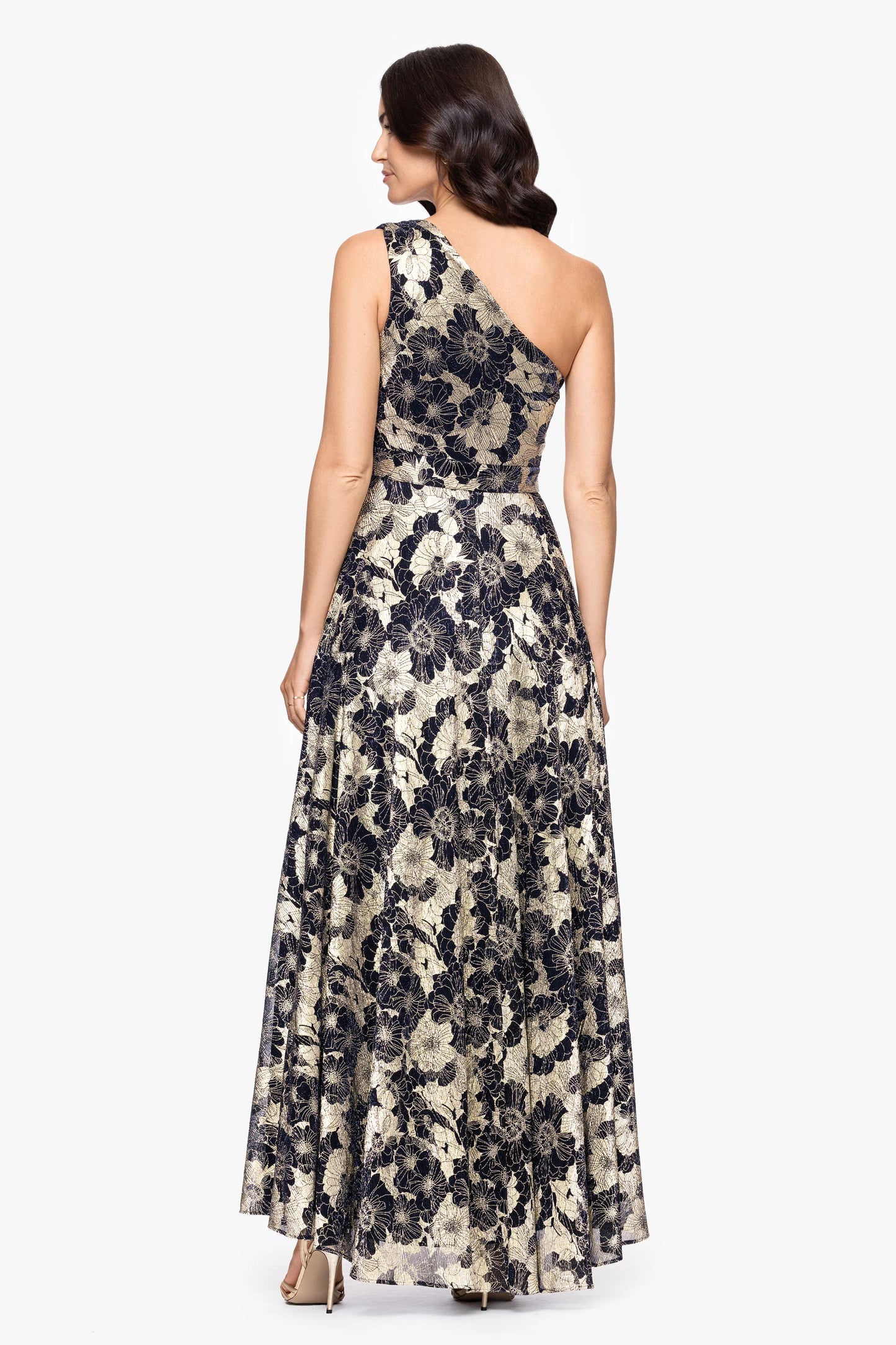"Gwen" Long One Shoulder Wrap Foil Flower Dress