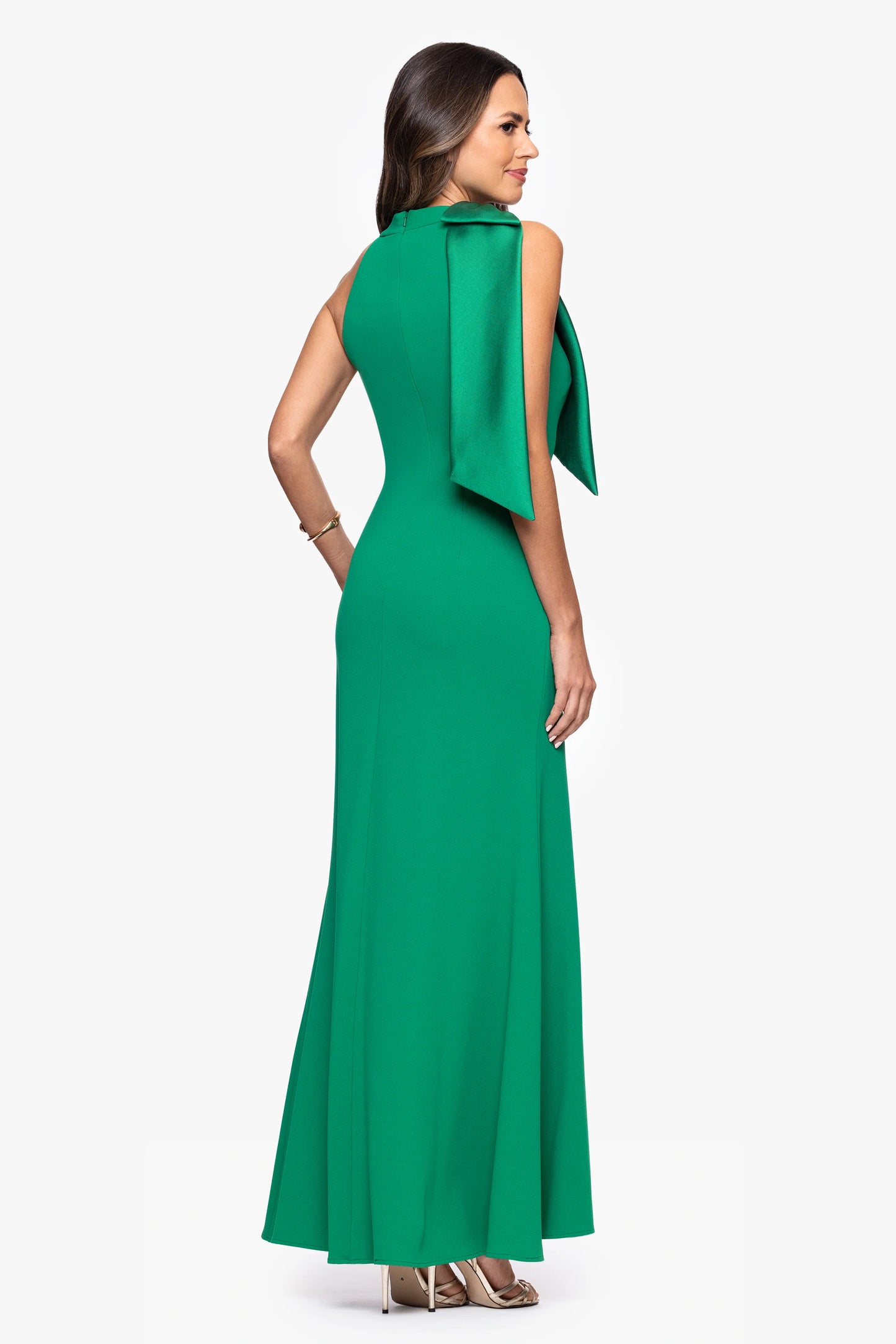 "Laney" Long Scuba Crepe Dress With Satin Bow