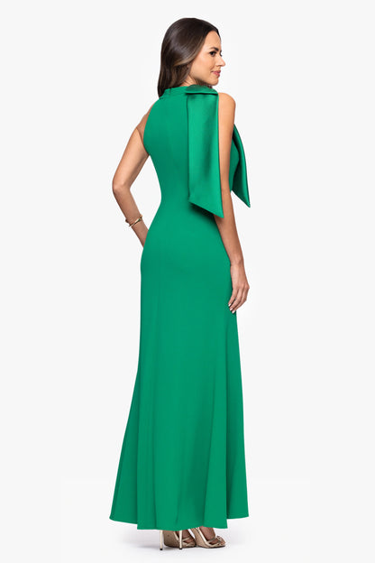"Laney" Long Scuba Crepe Dress With Satin Bow