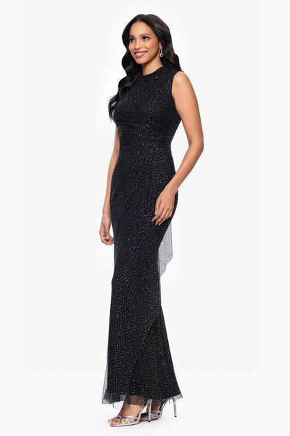 "Sasha" Long Mesh Stone Embellished Rouched Mock Neck Floor Length Dress