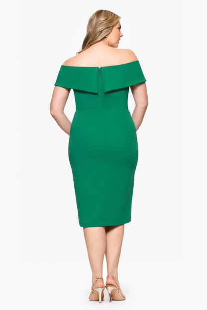 Plus "Kourtney" Scuba Crepe Off the Shoulder Ruffle Midi Dress