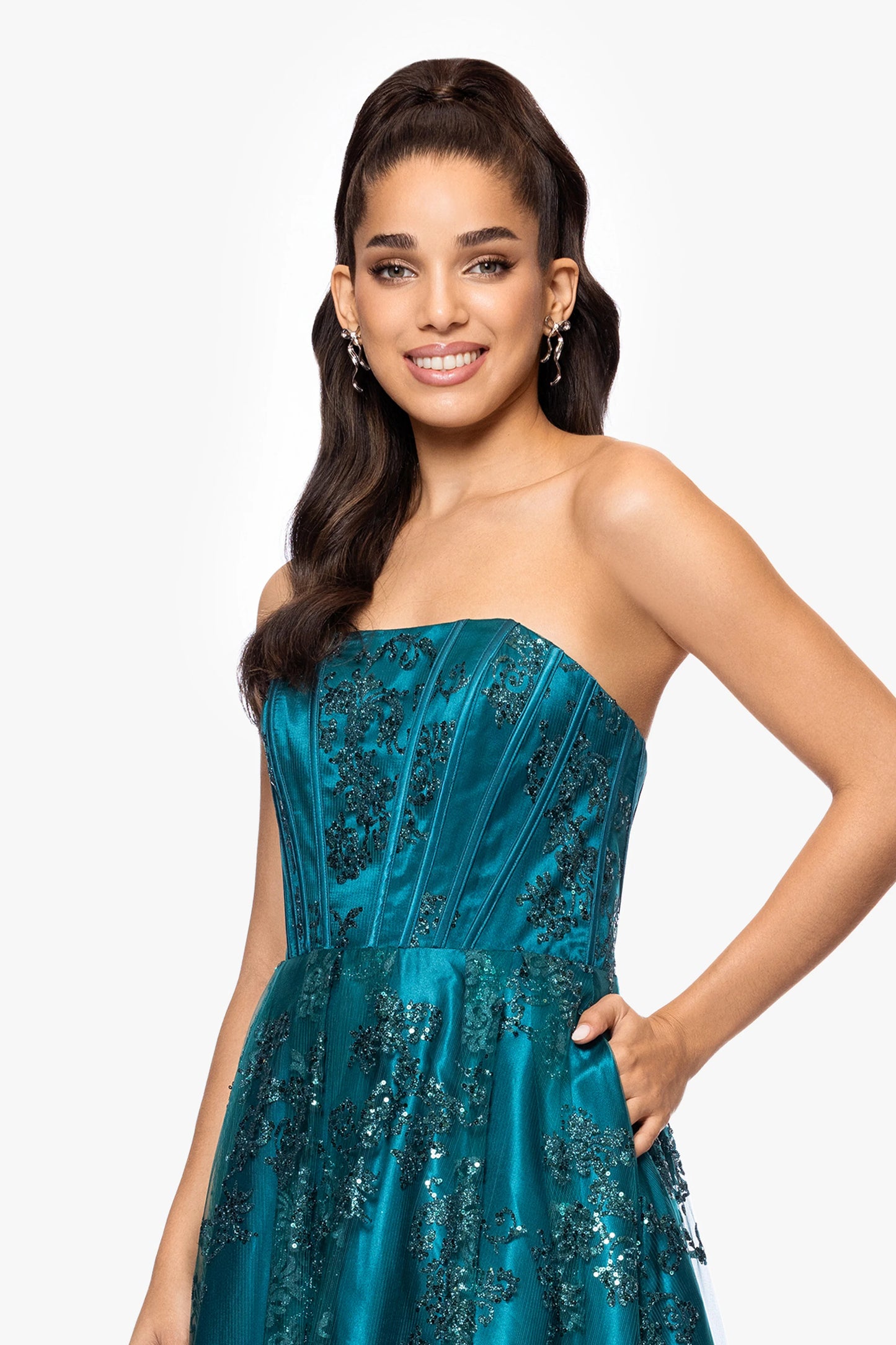 Blondie Nites "Tori" Strapless Glitter Mesh Corset Gown