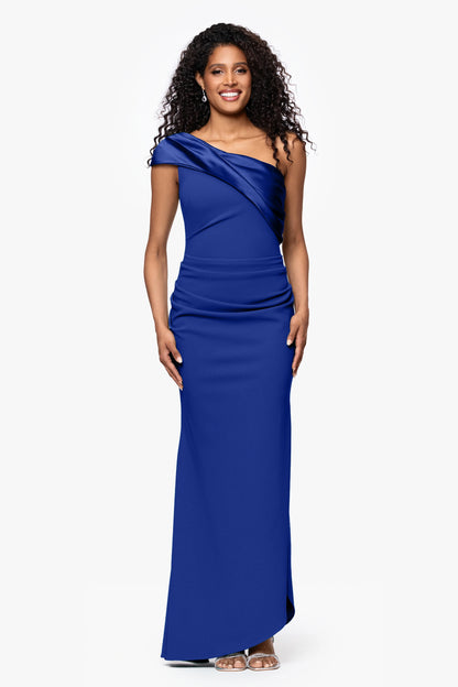 "Belinda" Scuba Crepe Drop Shoulder Satin Banded Neckline Floor Length Dress