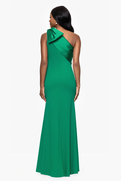 "Carmela" Long Scuba Crepe Dress with Satin Bow