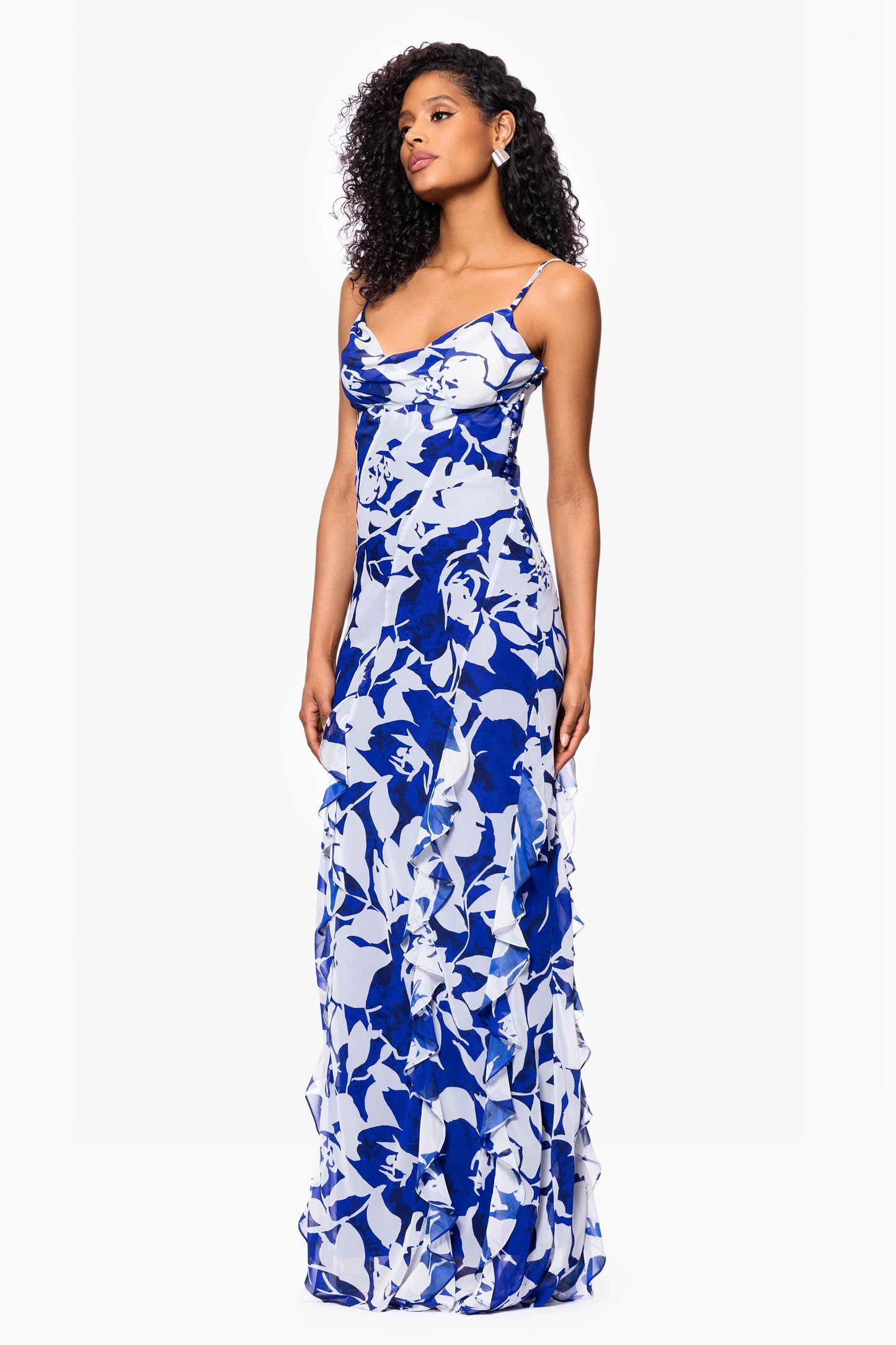 "Georgina" Print Chiffon Ruffle Floor Length Dress