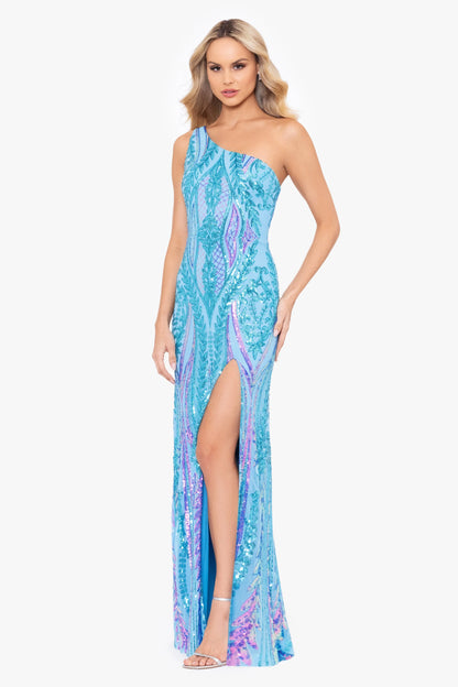 Blondie Nites "Terri" Long Placement Sequin One Shoulder Dress