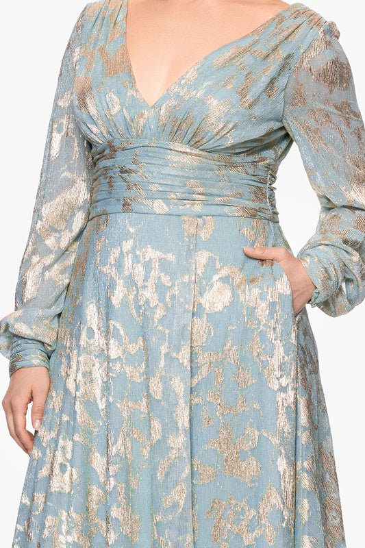Plus "Melanie" Foil Knit V-Neck Long Sleeve Floor Length Dress