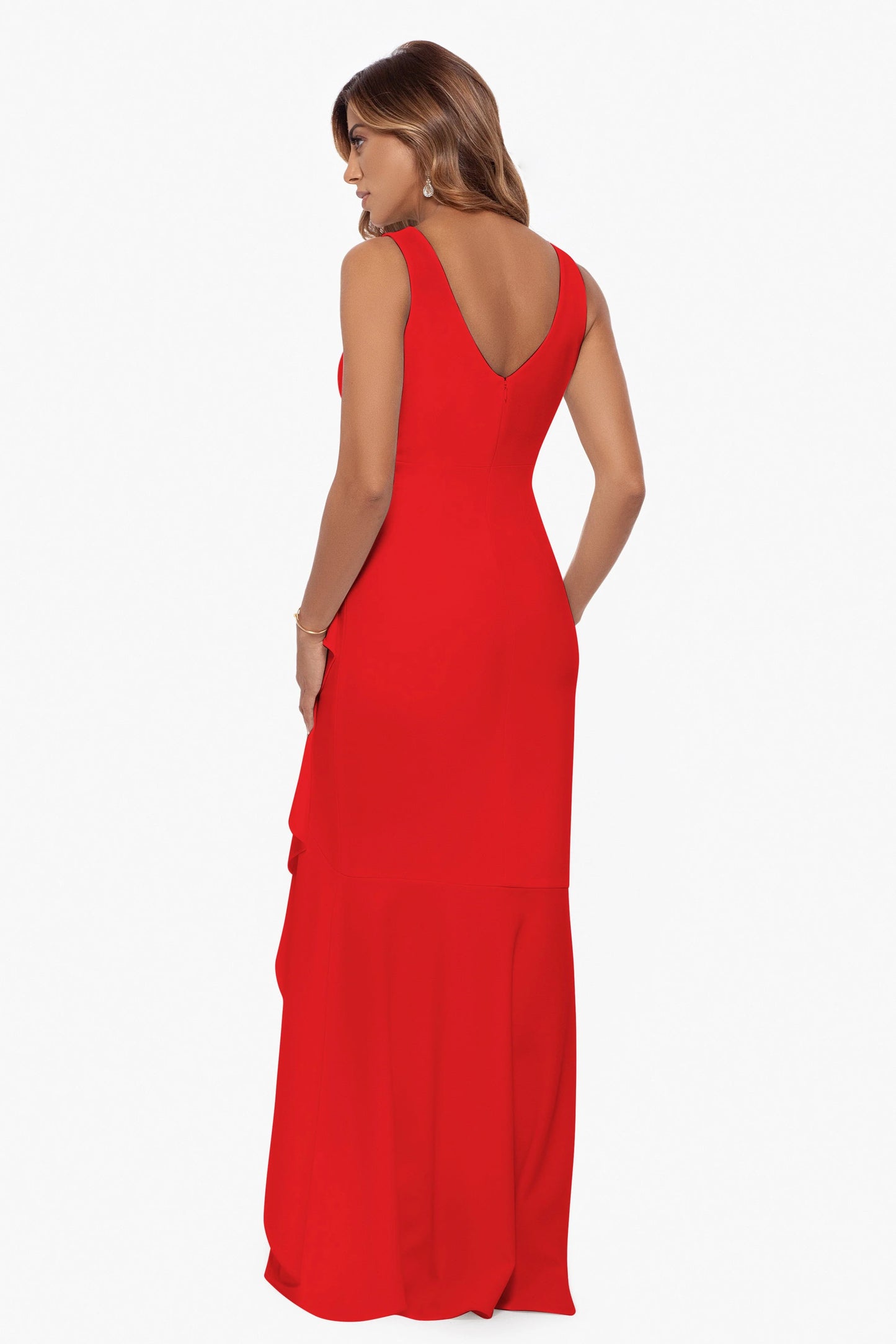 "Candace" Long V- Neck Hi Low Cascade Dress