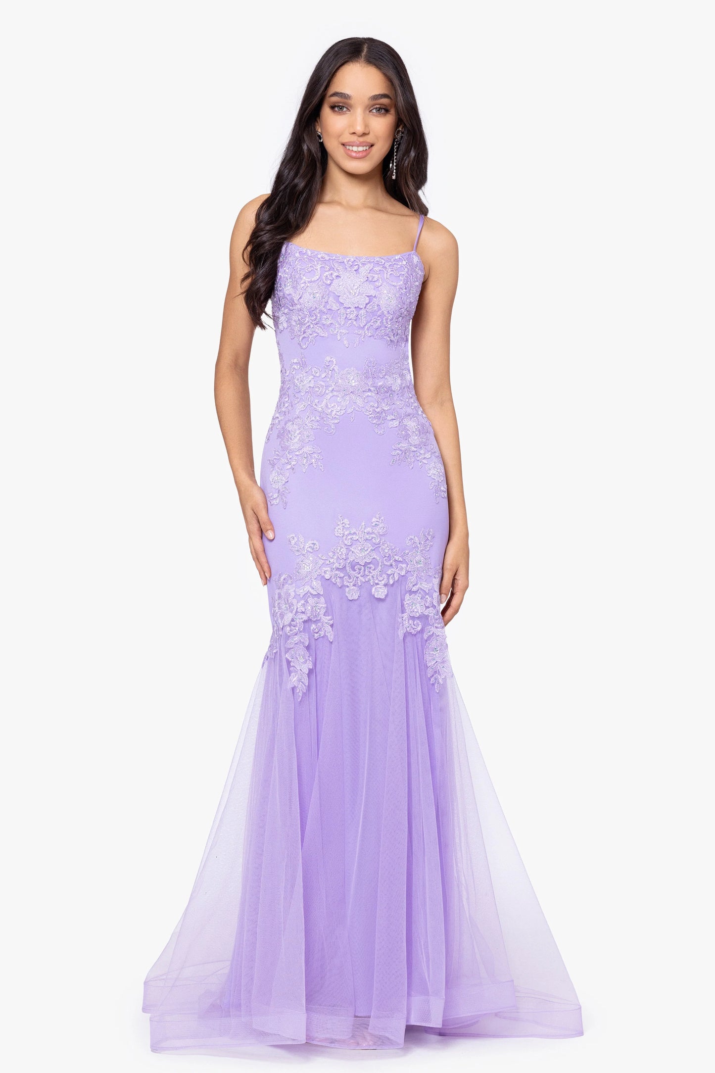 Blondie Nites "Faith" Long Slim Spaghetti Strap Mesh Applique Dress