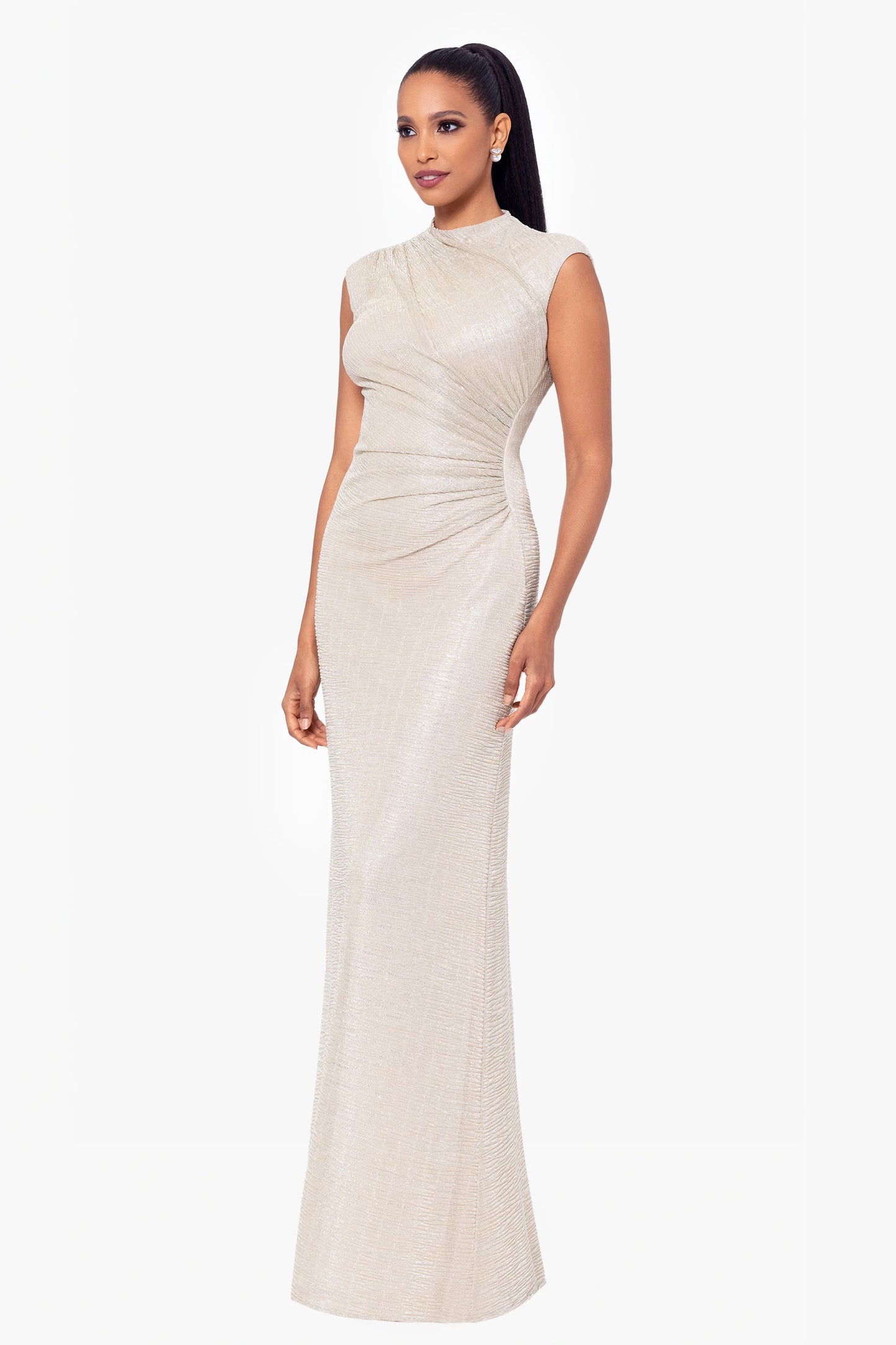 "Bethany" Crinkle Metallic Rouched Floor Length Dress